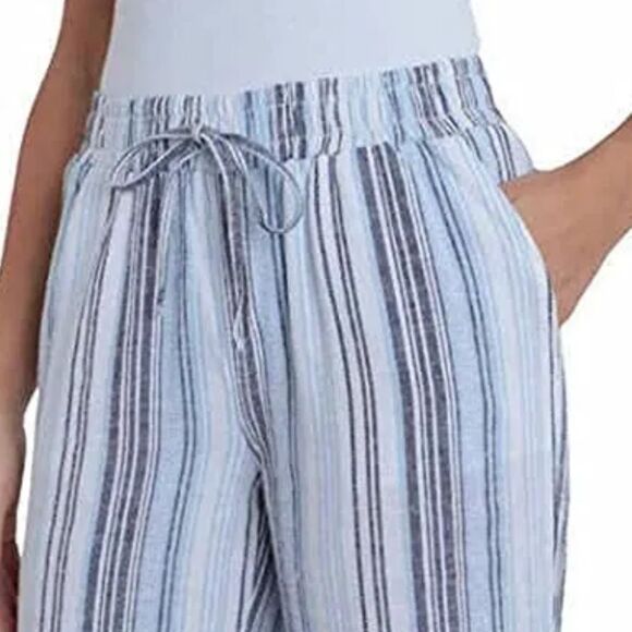 Briggs Beachy  Blue Striped Linen Blend Pant Wide Leg Pull on Drawstring Size M - Picture 1 of 12